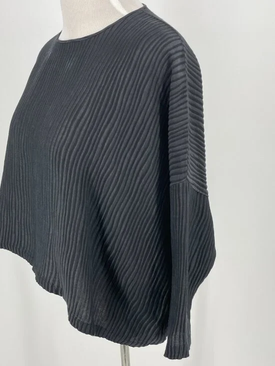 Planet by Lauren G 50% Linen 50% Silk Black Ribbed Boxy Top OS - Picture 5 of 7